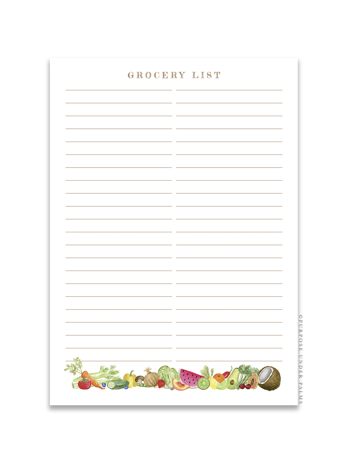white grocery list notepad with grocery list at the top and two lined columns. watercolor fruits and vegetables at the bottom.