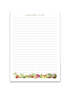 white grocery list notepad with grocery list at the top and two lined columns. watercolor fruits and vegetables at the bottom.