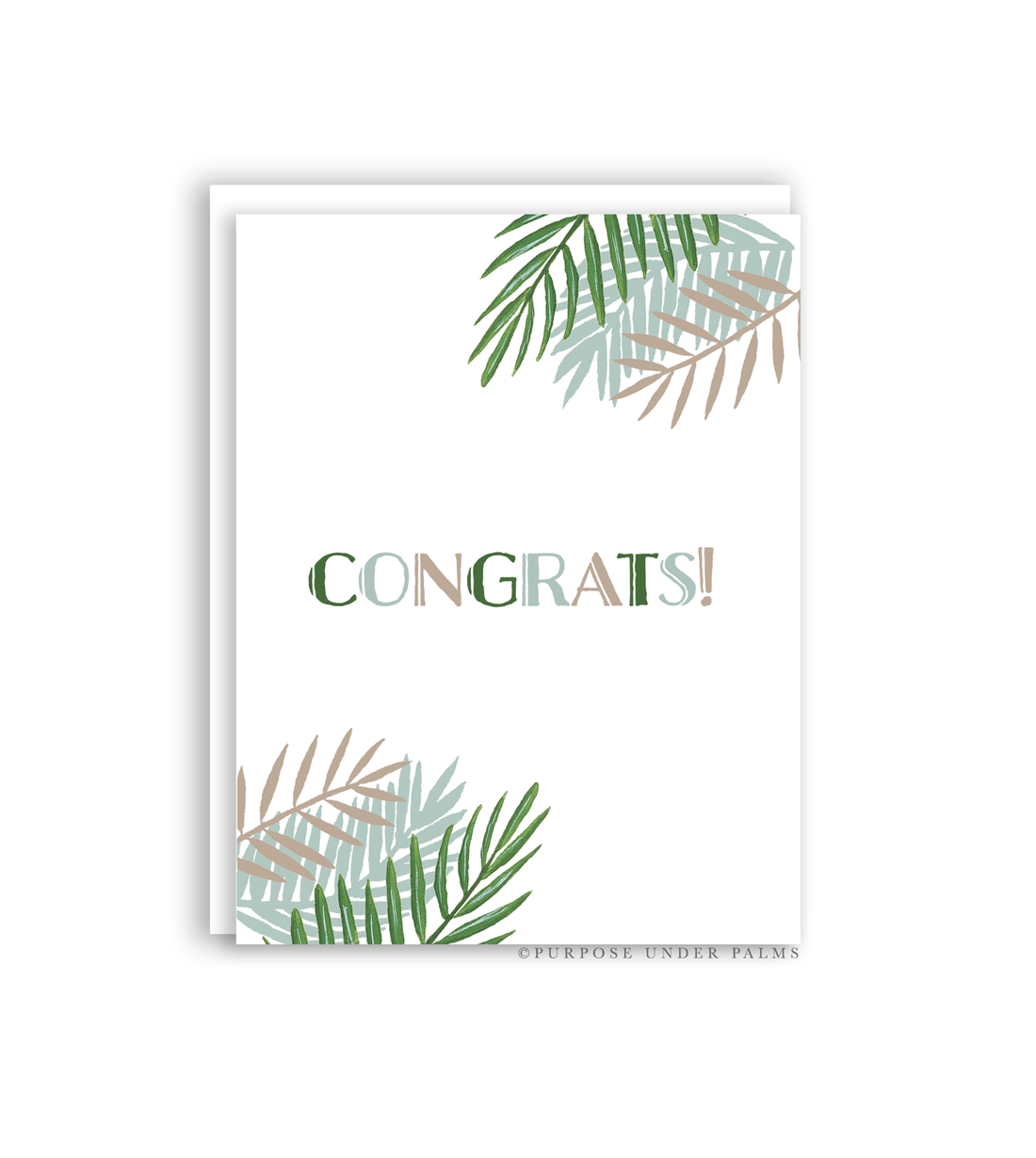 white greeting card with sage teal tan and green tropical foliage and congrats in the middle. congrats greeting card. white envelope.