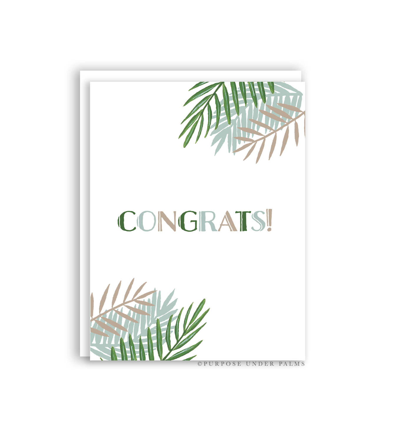 white greeting card with sage teal tan and green tropical foliage in corners and congrats in the middle. congrats greeting card. white envelope.