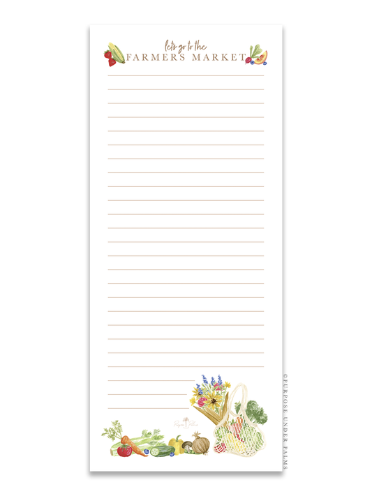 white grocery list notepad. lets go to the farmers market shown at top with fruits and vegetables on each side. lines down to the bottom. watercolor fruits and vegetables at the bottom with a mesh farmers market bag and a bouquet of flowers.