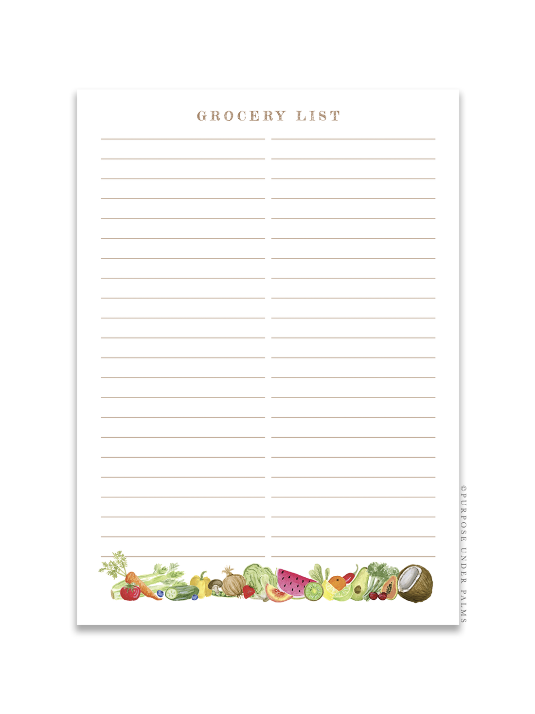 white grocery list notepad with grocery list at the top and two lined columns. watercolor fruits and vegetables at the bottom.