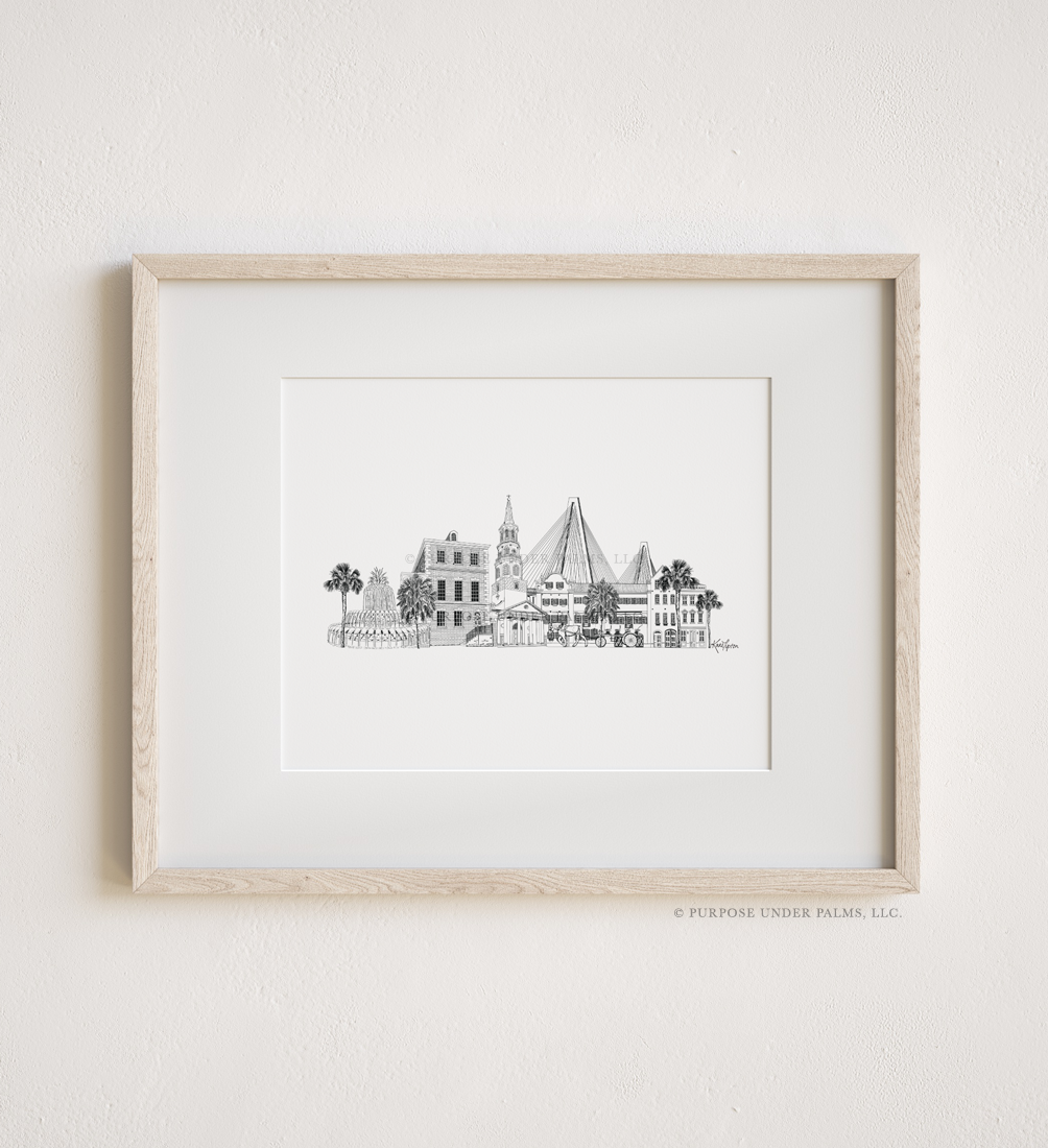 Charleston, SC Skyline + Landmarks Linework Art Print | with Gadsden House