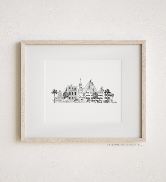 charleston, sc skyline + landmarks linework art print | with gadsden house
