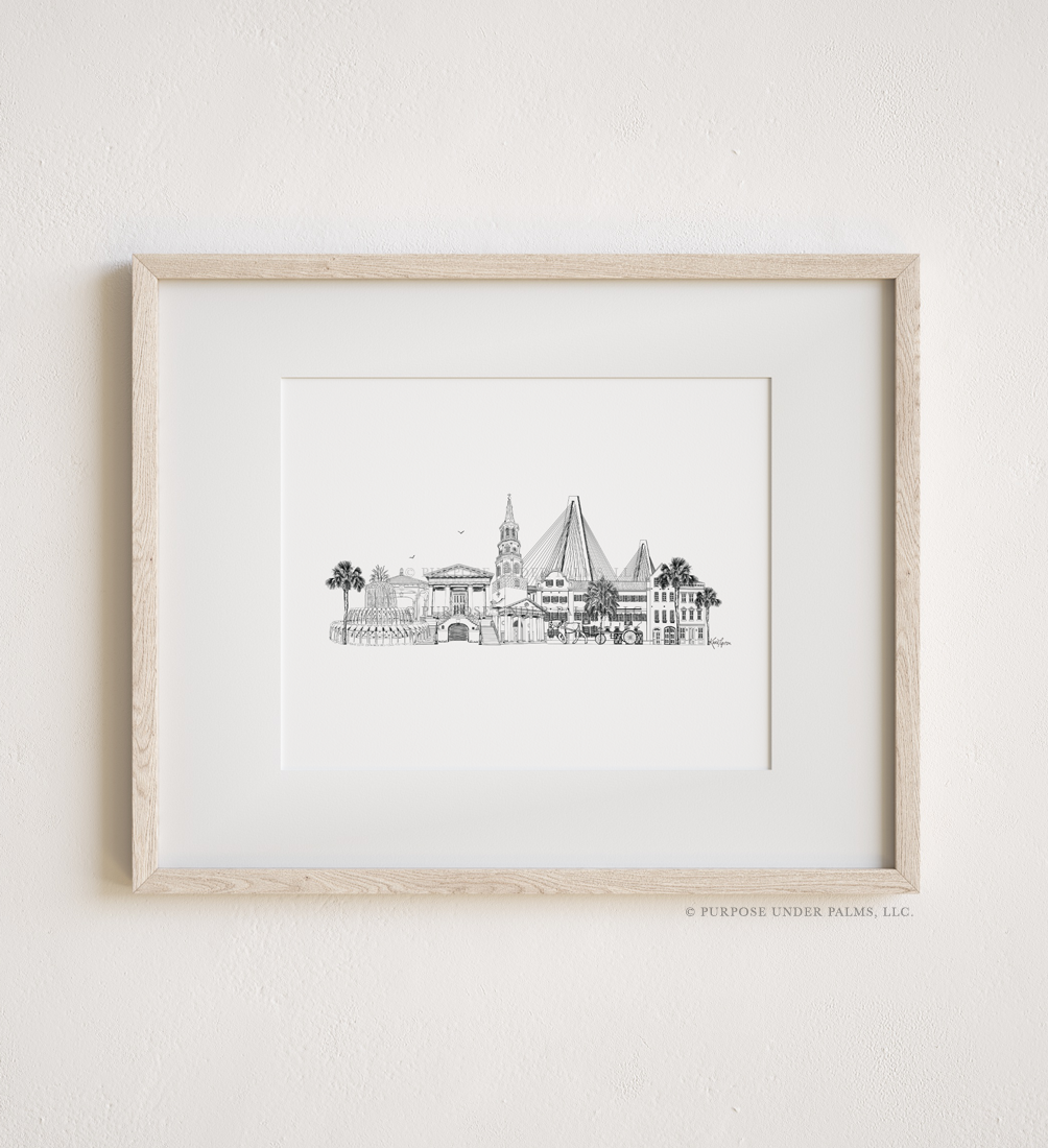Charleston, SC Skyline + Landmarks Linework Art Print