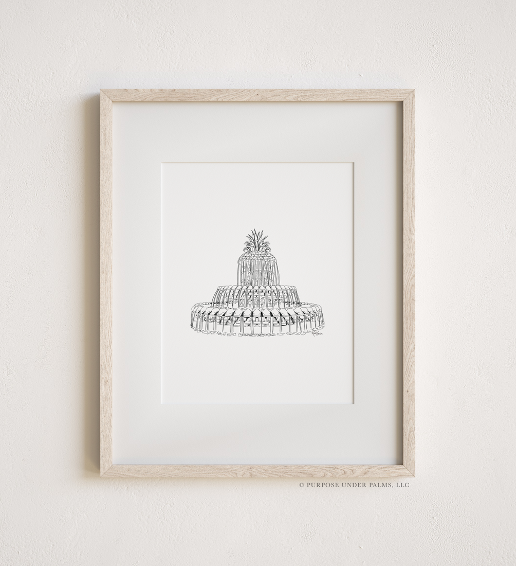 Pineapple Fountain Charleston, SC Linework Art Print