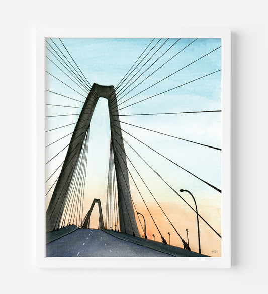 Arthur ravenal jr bridge landmark in Charleston South Carolina at sunset watercolor painting blues and oranges art print