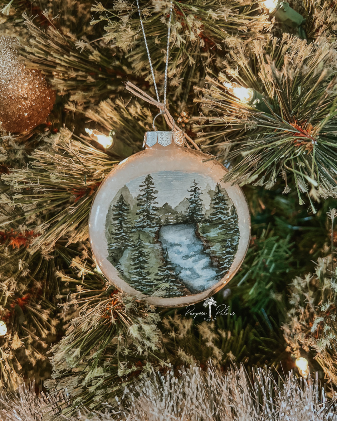 "winter hike" hand painted watercolor ornament
