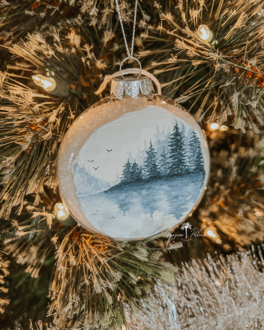 "winter on the lake" hand painted watercolor ornament