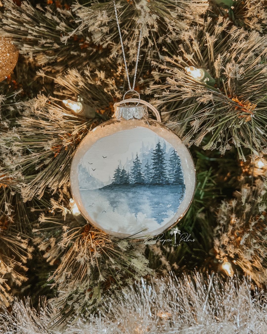 "winter on the lake" hand painted watercolor ornament