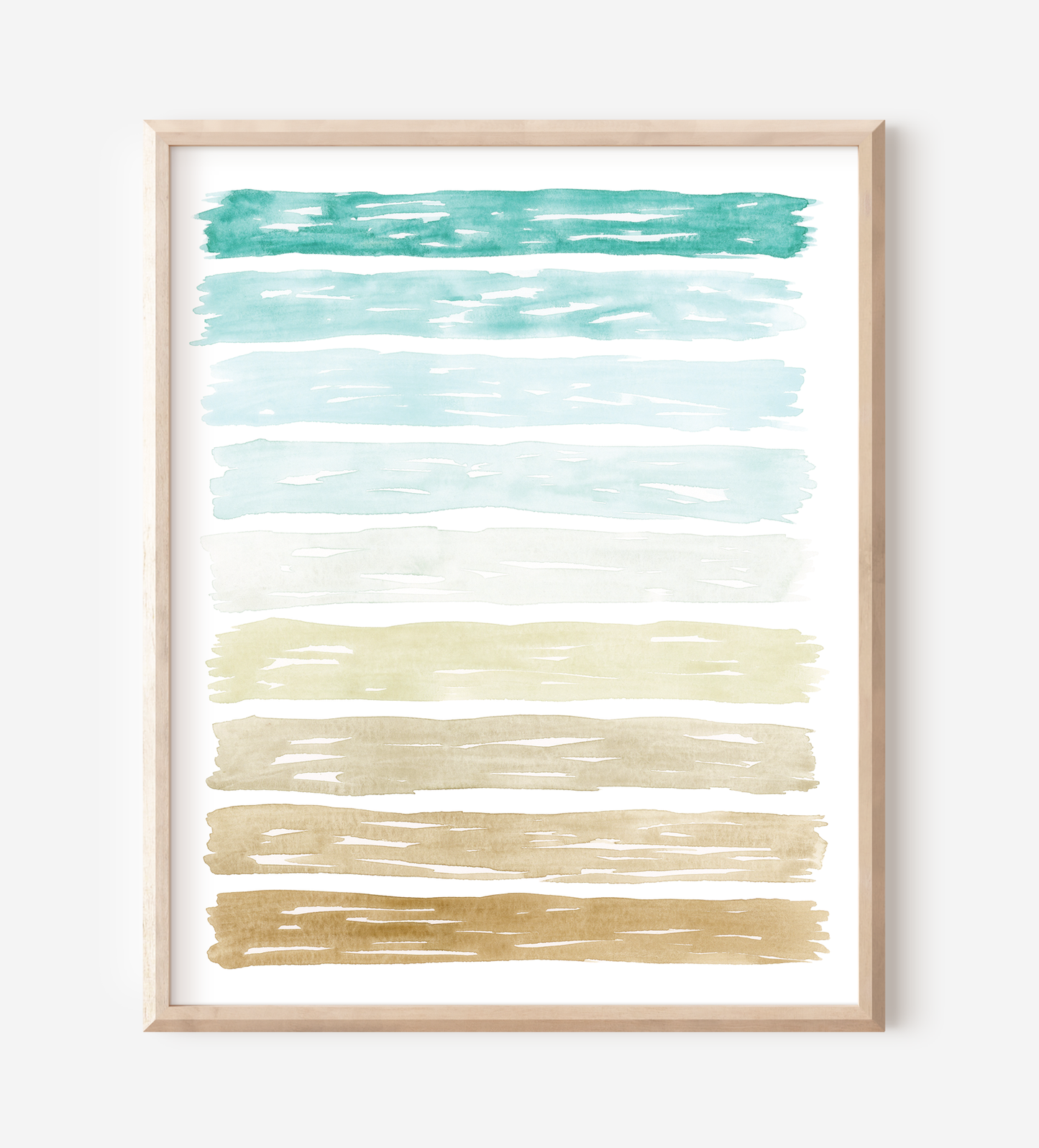 8x10 watercolor art print in wood frame colors of the ocean teal light blue brown representing sea salt and sand